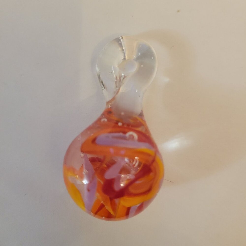 Murano Glass Teardrop Pendant With Swirls Of Pink & Orange Handmade Art Piece